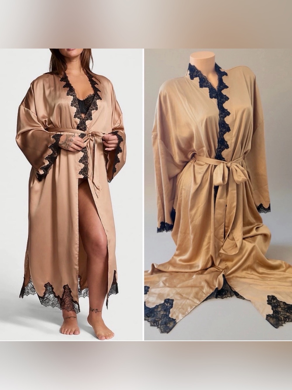 Victoria's Secret Lace Trim Open Back Long Satin Robe Tan M/L